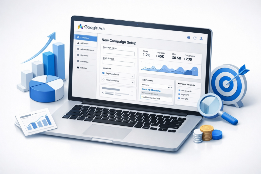 google ads nasıl kurulur kampanya oluşturma ve reklam paneli örneği