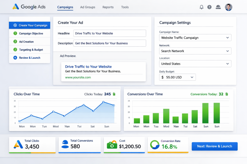 google ads reklam oluşturma ve kampanya yönetim ekranı