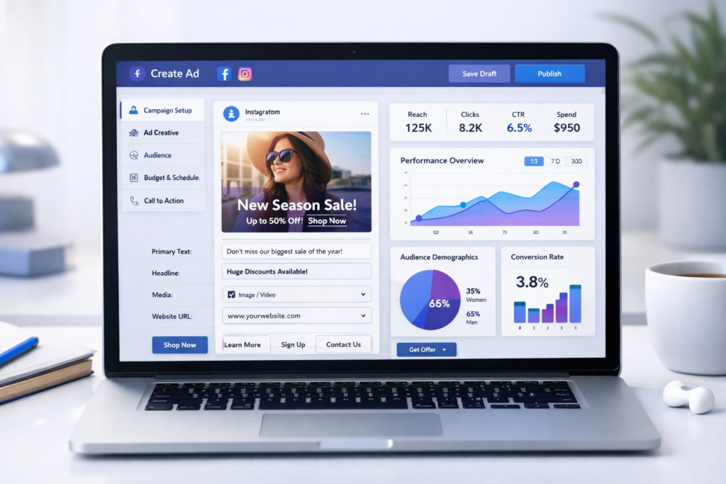 instagram ve facebook reklam oluşturma paneli ve kampanya ayarları