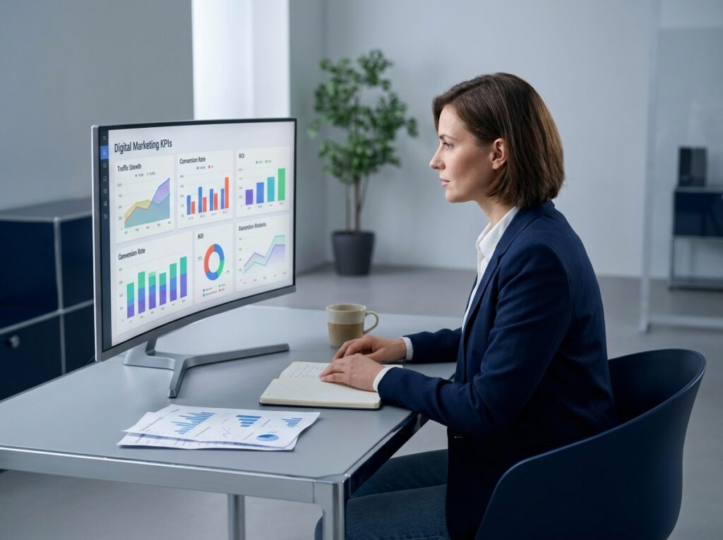 dijital pazarlama analiz dashboardu inceleyen veri analisti ofis ortamında