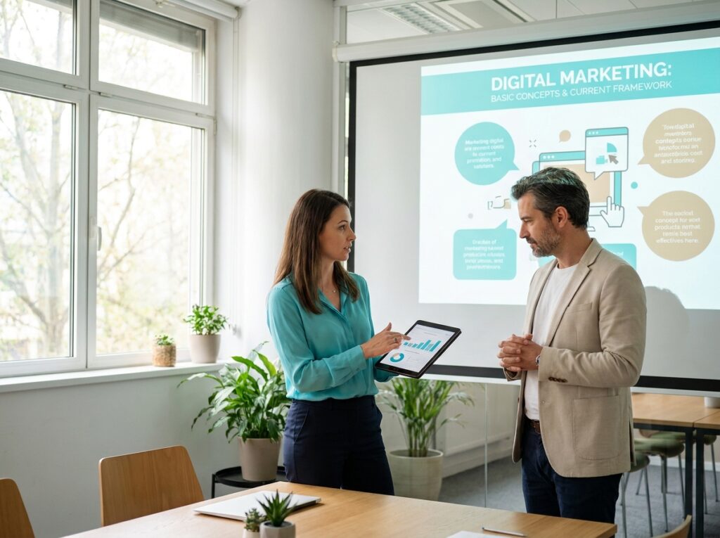 dijital pazarlama nedir anlatan toplantıda hedef kitle analizi yapan uzmanlar