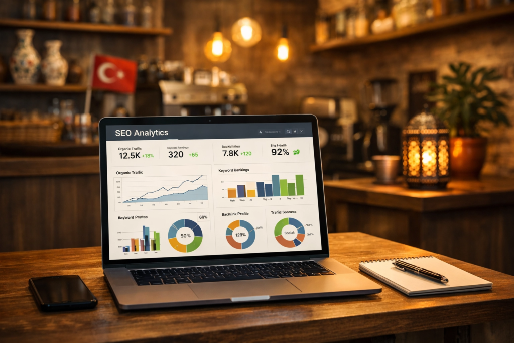 Çorlu’da küçük işletmeler için SEO analizi yapılan laptop ekranı ve dijital pazarlama ortamı